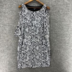 Claudia Ev Dress Women L Large White Geometric Shift Midi Cold Shoulder Lined